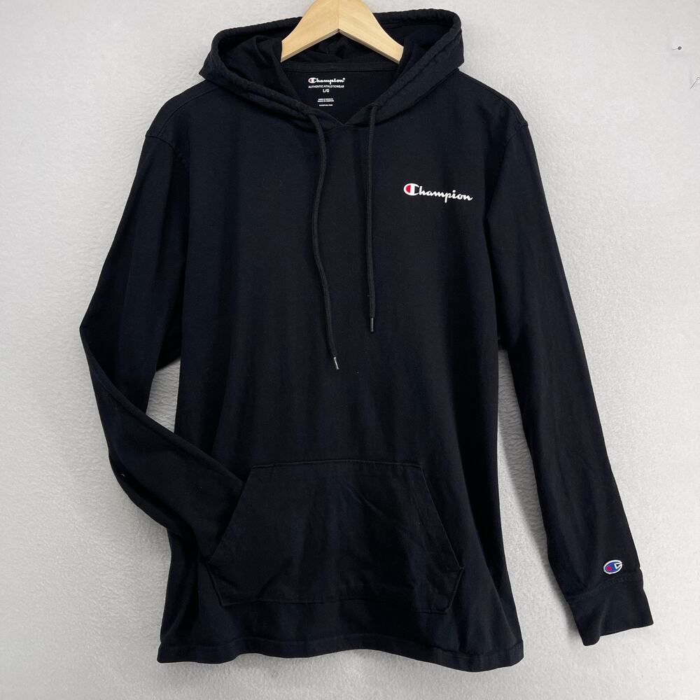 CHAMPION Shirt Mens L Jersey Pullover Hoodie Long Sleeve Pocket Cotton Black